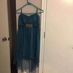 Glittery turquoise high low homecoming dress